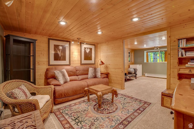 4547 Fawn Way Unit 2050, Heber City, UT 84032 - living room featuring carpet, wooden ceiling, wooden walls, a baseboard heating unit, and recessed lighting