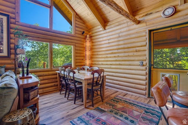 4547 Fawn Way Unit 2050, Heber City, UT 84032 - dining room featuring high vaulted ceiling, beamed ceiling, log walls, wood finished floors, and wooden ceiling