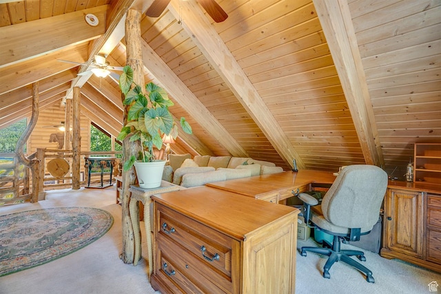 4547 Fawn Way Unit 2050, Heber City, UT 84032 - home office featuring light carpet, lofted ceiling with beams, ceiling fan, and wood ceiling