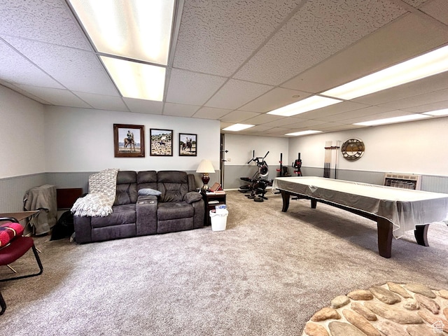 game room with pool table, a drop ceiling, and carpet
