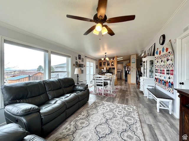 living area featuring ceiling fan with notable chandelier, crown molding, and wood finished floors
