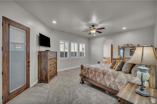 3308 S Red Sands Way, Hurricane, UT 84737 - bedroom featuring visible vents, baseboards, recessed lighting, light carpet, and arched walkways