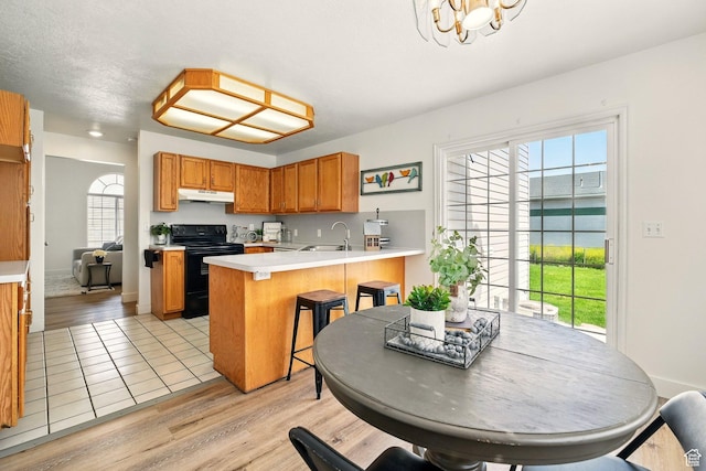 495 W 1330 N, Logan, UT 84341 - kitchen with black range with electric stovetop, under cabinet range hood, a chandelier, a peninsula, and light countertops