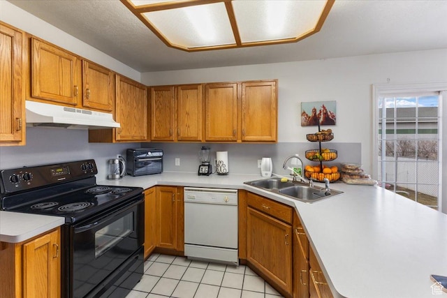 495 W 1330 N, Logan, UT 84341 - kitchen featuring black electric range, under cabinet range hood, white dishwasher, a sink, and light countertops