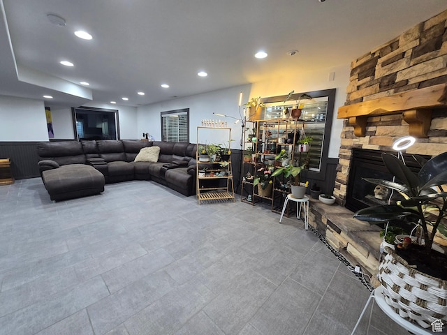 8894 S Sun Leaf Dr, West Jordan, UT 84088 - living area featuring a fireplace, recessed lighting, and wainscoting
