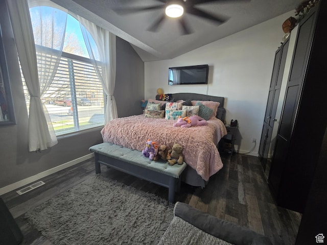8894 S Sun Leaf Dr, West Jordan, UT 84088 - bedroom featuring vaulted ceiling, dark wood-style flooring, and ceiling fan