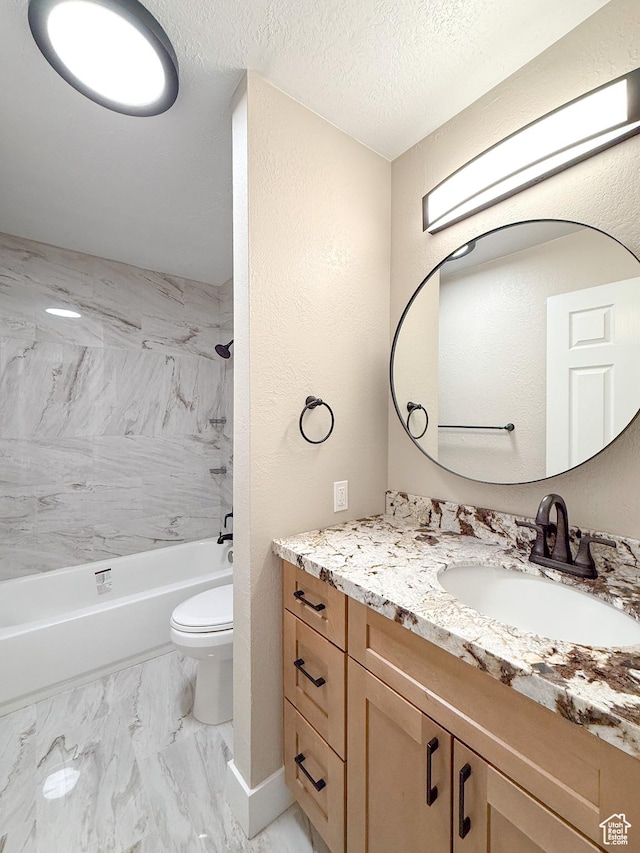 510 W Highway Dr, Wellington, UT 84542 - bathroom with a textured ceiling, marble finish floor, toilet, vanity, and bathing tub / shower combination