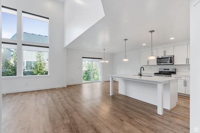 951 W Cushing Rd, Bluffdale, UT 84065 - kitchen featuring a notable chandelier, light countertops, a sink, light wood finished floors, and stainless steel appliances