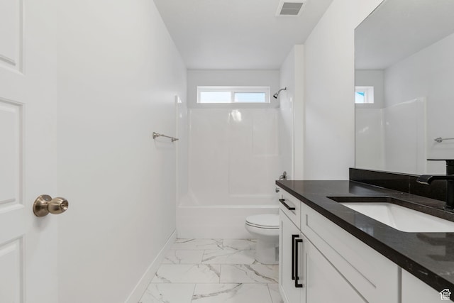 951 W Cushing Rd, Bluffdale, UT 84065 - bathroom featuring vanity, toilet, baseboards, marble finish floor, and visible vents