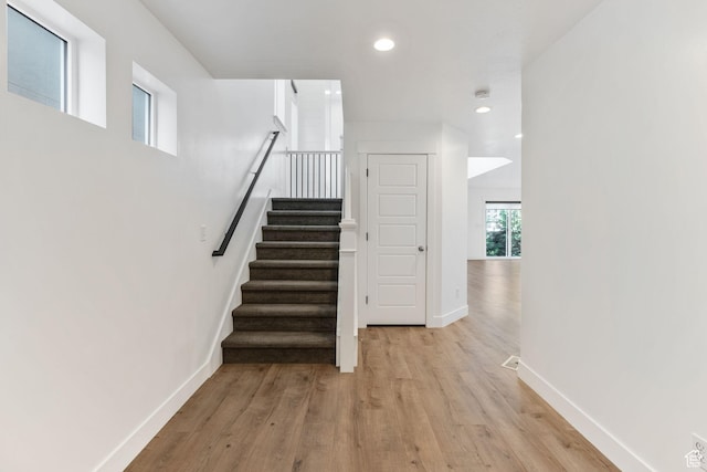 951 W Cushing Rd, Bluffdale, UT 84065 - stairway with baseboards, wood finished floors, and recessed lighting