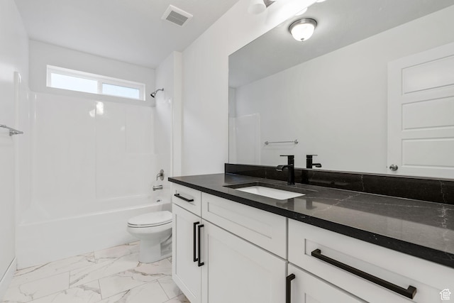 951 W Cushing Rd, Bluffdale, UT 84065 - full bathroom with visible vents, marble finish floor, toilet, vanity, and shower / bathing tub combination