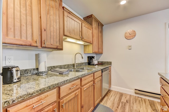 1637 Village Round Dr Unit 8, Park City, UT 84098 - kitchen featuring baseboards, stainless steel dishwasher, a sink, light stone counters, and light wood-style floors