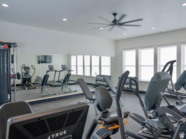 gym with recessed lighting and a ceiling fan