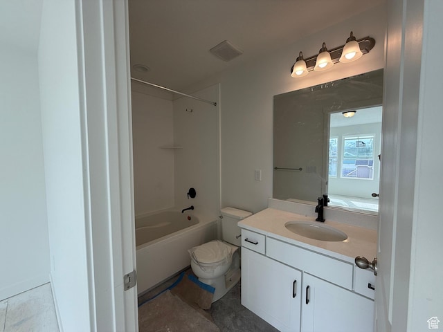 bathroom featuring shower / washtub combination, visible vents, toilet, and vanity