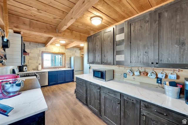 183 N Silver Sage Rd, Vernon, UT 84080 - kitchen featuring beam ceiling, appliances with stainless steel finishes, a sink, light wood-type flooring, and wooden ceiling