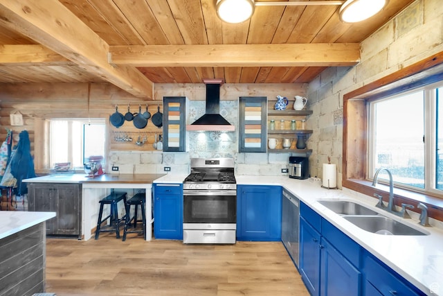 183 N Silver Sage Rd, Vernon, UT 84080 - kitchen with blue cabinets, stainless steel gas stove, and wall chimney exhaust hood