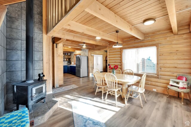 183 N Silver Sage Rd, Vernon, UT 84080 - dining area with wooden ceiling, beam ceiling, light wood finished floors, a wood stove, and rustic walls