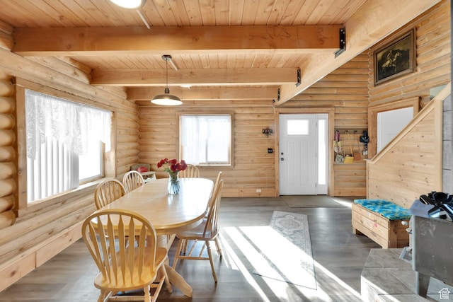 183 N Silver Sage Rd, Vernon, UT 84080 - dining space featuring wood finished floors, wooden ceiling, and beam ceiling