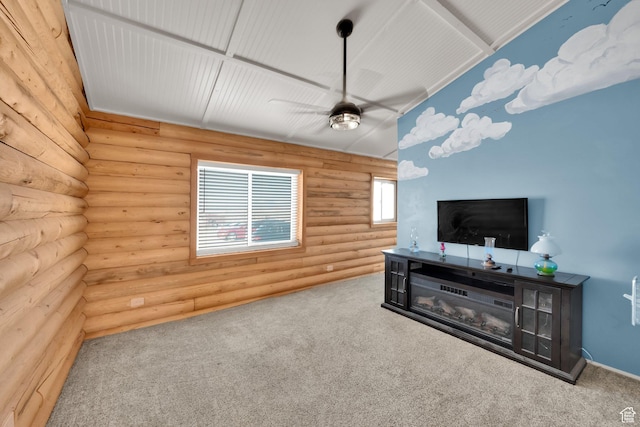183 N Silver Sage Rd, Vernon, UT 84080 - carpeted living room featuring rustic walls and a ceiling fan