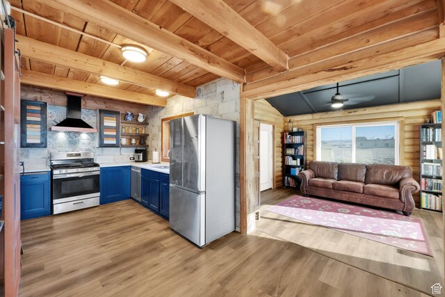 183 N Silver Sage Rd, Vernon, UT 84080 - kitchen featuring blue cabinetry, light countertops, stainless steel appliances, wood ceiling, and wall chimney range hood