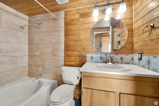 183 N Silver Sage Rd, Vernon, UT 84080 - bathroom featuring visible vents, wood walls, toilet, vanity, and shower / bath combination