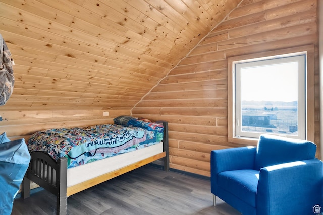 183 N Silver Sage Rd, Vernon, UT 84080 - bedroom featuring log walls, wood finished floors, vaulted ceiling, and wooden ceiling