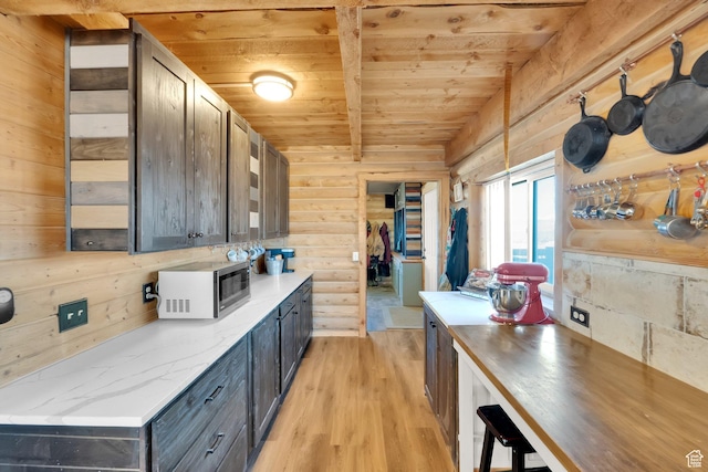 183 N Silver Sage Rd, Vernon, UT 84080 - kitchen with rustic walls, light wood-type flooring, and wood ceiling