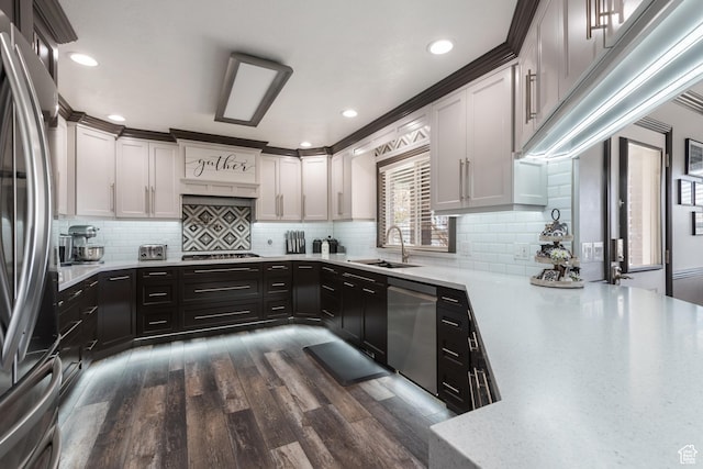 12381 S 3600 W, Riverton, UT 84065 - kitchen featuring tasteful backsplash, dark wood-style flooring, dark cabinetry, stainless steel appliances, and a sink