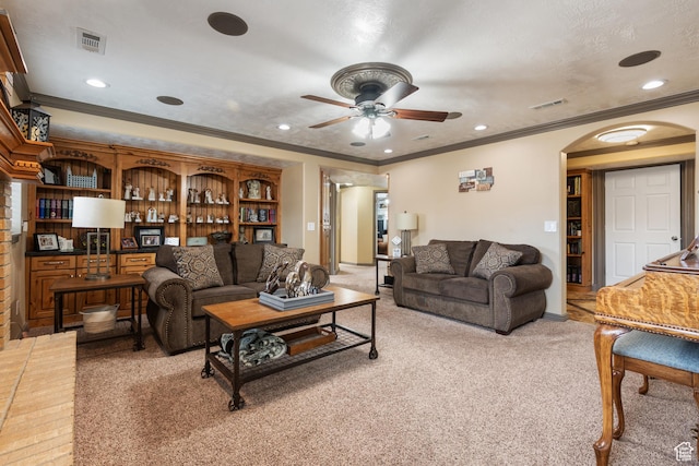12381 S 3600 W, Riverton, UT 84065 - living room with light carpet, visible vents, arched walkways, and a ceiling fan
