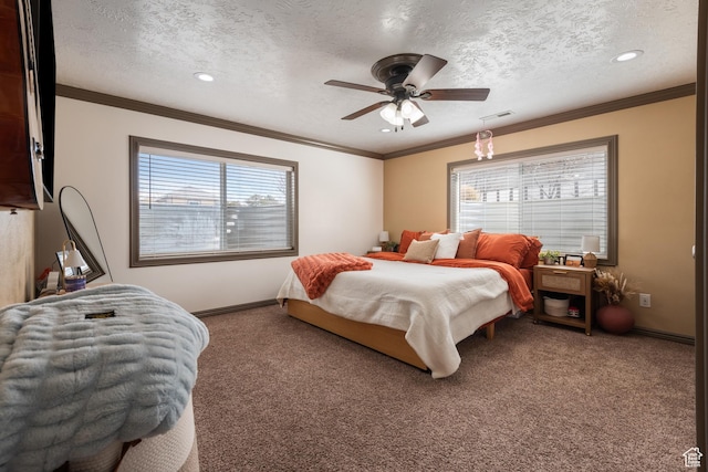12381 S 3600 W, Riverton, UT 84065 - carpeted bedroom with a textured ceiling, ornamental molding, and visible vents