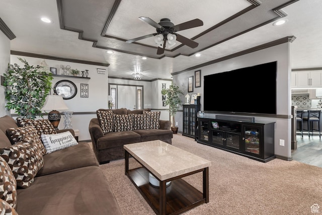 12381 S 3600 W, Riverton, UT 84065 - living area with a ceiling fan, carpet floors, ornamental molding, and recessed lighting