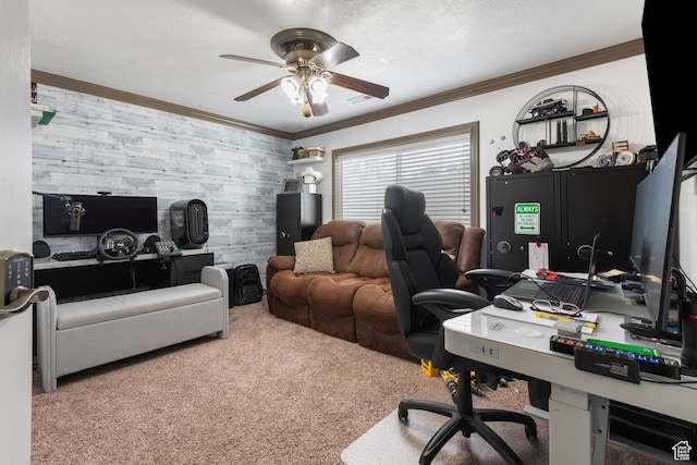 12381 S 3600 W, Riverton, UT 84065 - carpeted home office with wallpapered walls, ornamental molding, an accent wall, and ceiling fan