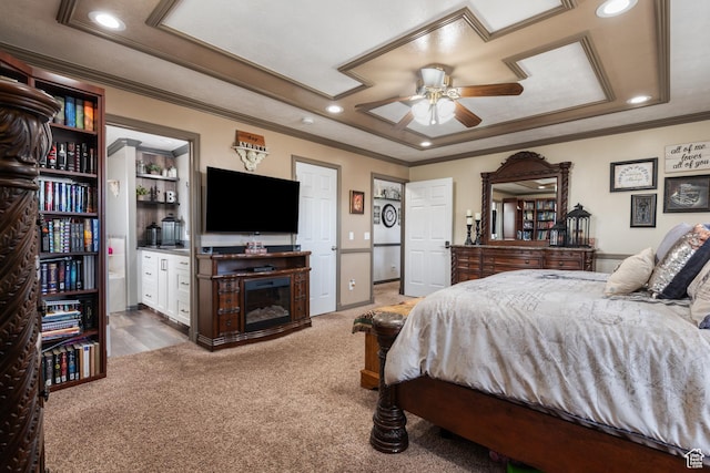 12381 S 3600 W, Riverton, UT 84065 - carpeted bedroom featuring a tray ceiling, crown molding, connected bathroom, and recessed lighting