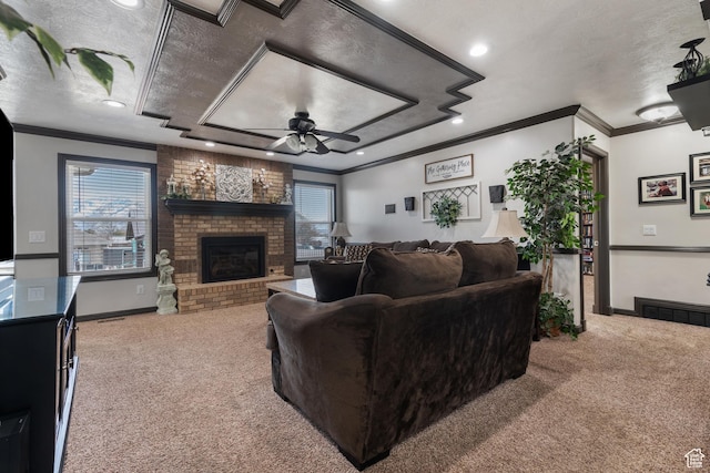 12381 S 3600 W, Riverton, UT 84065 - living area featuring a ceiling fan, ornamental molding, a textured ceiling, carpet floors, and a brick fireplace