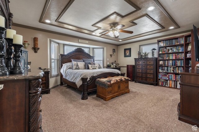 12381 S 3600 W, Riverton, UT 84065 - bedroom with crown molding, recessed lighting, baseboards, a raised ceiling, and light carpet