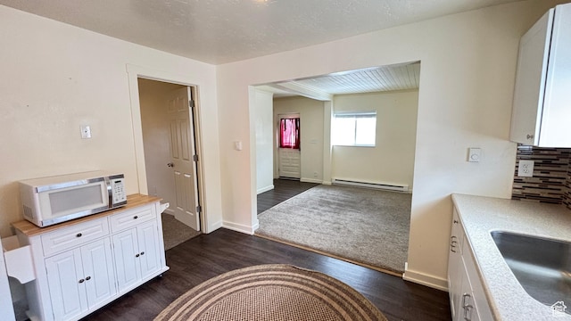 interior space with baseboards, baseboard heating, dark wood-style flooring, and a sink
