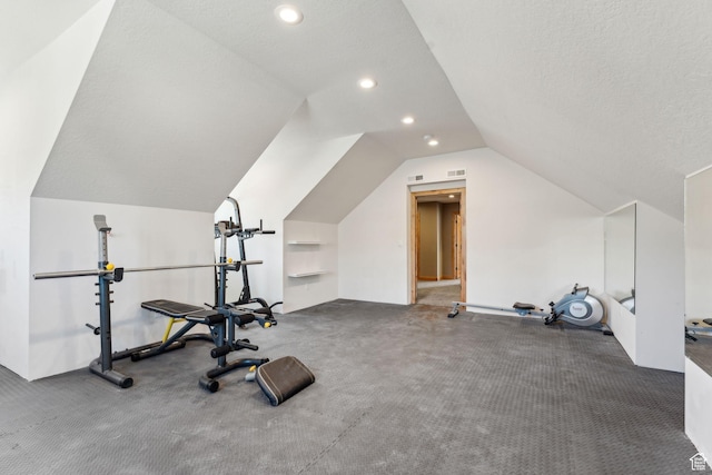 1101 E Stage Coach Run N, Morgan, UT 84050 - workout room with a textured ceiling, visible vents, vaulted ceiling, and recessed lighting