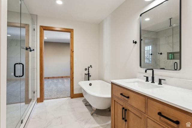 1101 E Stage Coach Run N, Morgan, UT 84050 - full bathroom featuring a stall shower, vanity, a soaking tub, marble finish floor, and baseboards