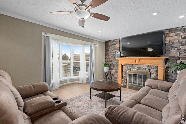 319 N 800 W, Orem, UT 84057 - living room with a textured ceiling, wood finished floors, ornamental molding, and a ceiling fan