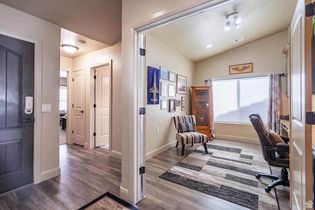 1369 W Country Club Dr, St George, UT 84790 - office area with baseboards, visible vents, wood finished floors, and vaulted ceiling