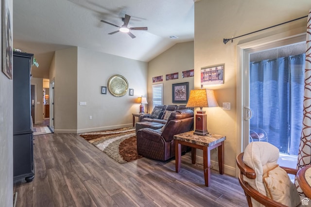 1369 W Country Club Dr, St George, UT 84790 - living room featuring dark wood finished floors, baseboards, vaulted ceiling, and ceiling fan
