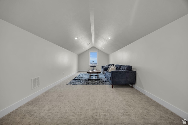 6579 W Bonnie Jean Ln Unit 12, Herriman, UT 84096 - living area featuring baseboards, carpet flooring, visible vents, and vaulted ceiling
