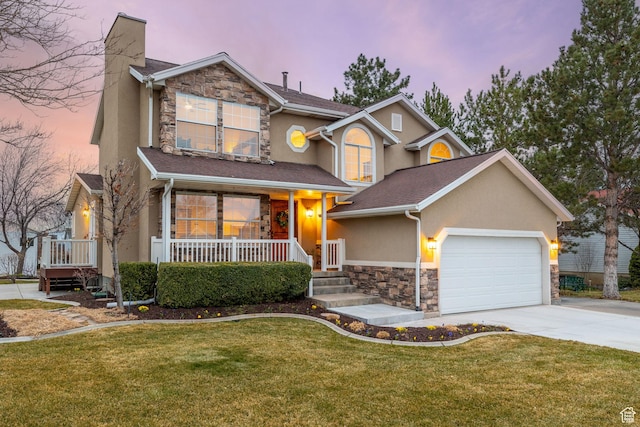view of front of house featuring stone siding, concrete driveway, stucco siding, a garage, and a porch