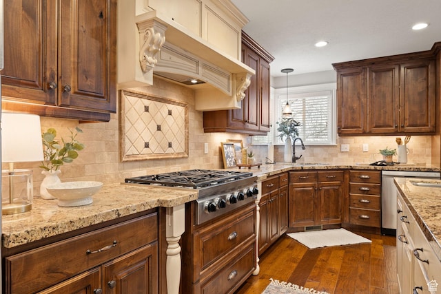 4721 W Country Club Dr, Highland, UT 84003 - kitchen with custom range hood, a sink, dark wood-style floors, light stone countertops, and appliances with stainless steel finishes