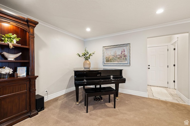 4721 W Country Club Dr, Highland, UT 84003 - living area featuring ornamental molding, light carpet, and baseboards