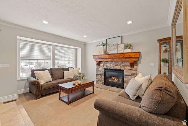 4721 W Country Club Dr, Highland, UT 84003 - living area with a textured ceiling, ornamental molding, visible vents, and a fireplace