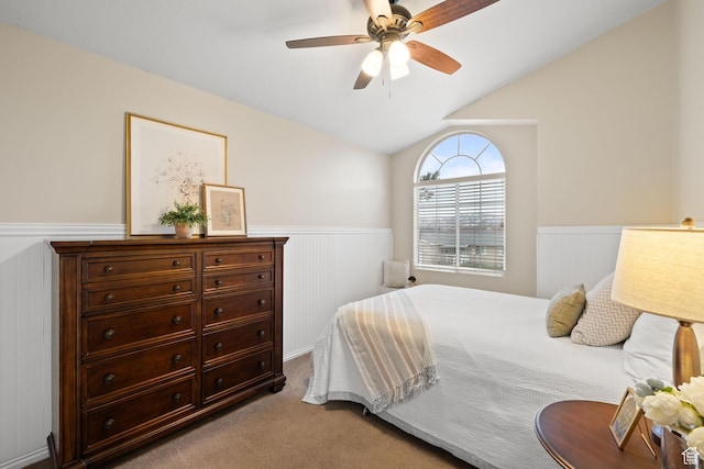 4721 W Country Club Dr, Highland, UT 84003 - bedroom with a wainscoted wall, carpet floors, vaulted ceiling, and ceiling fan
