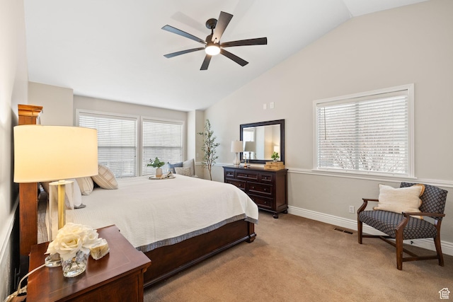 4721 W Country Club Dr, Highland, UT 84003 - bedroom with vaulted ceiling, light carpet, baseboards, visible vents, and ceiling fan