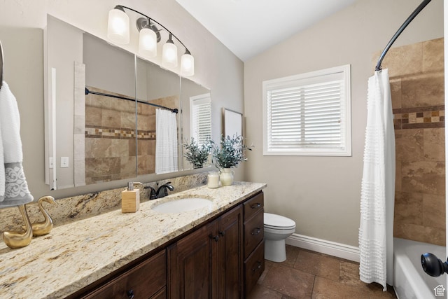 4721 W Country Club Dr, Highland, UT 84003 - full bath featuring vanity, lofted ceiling, shower / tub combo, toilet, and baseboards