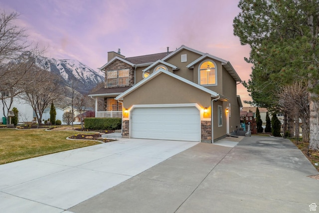 4721 W Country Club Dr, Highland, UT 84003 - view of front of property with concrete driveway, stucco siding, stone siding, a yard, and a chimney